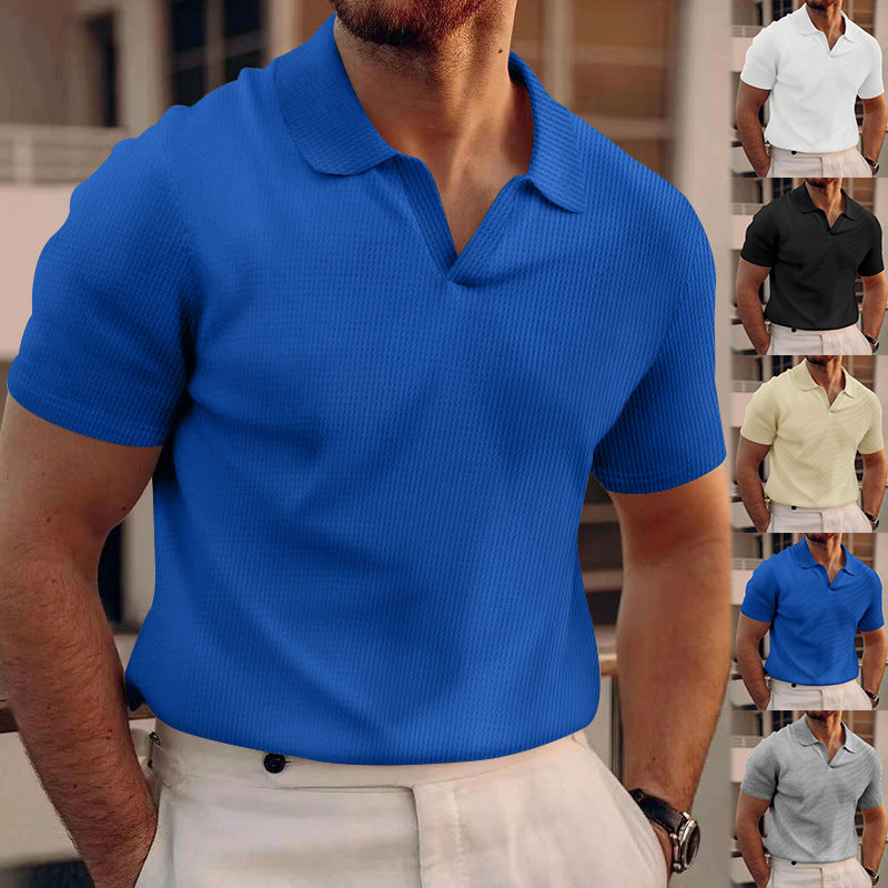 v-neck polo shirt for men in sapphire blue displayed with other color options