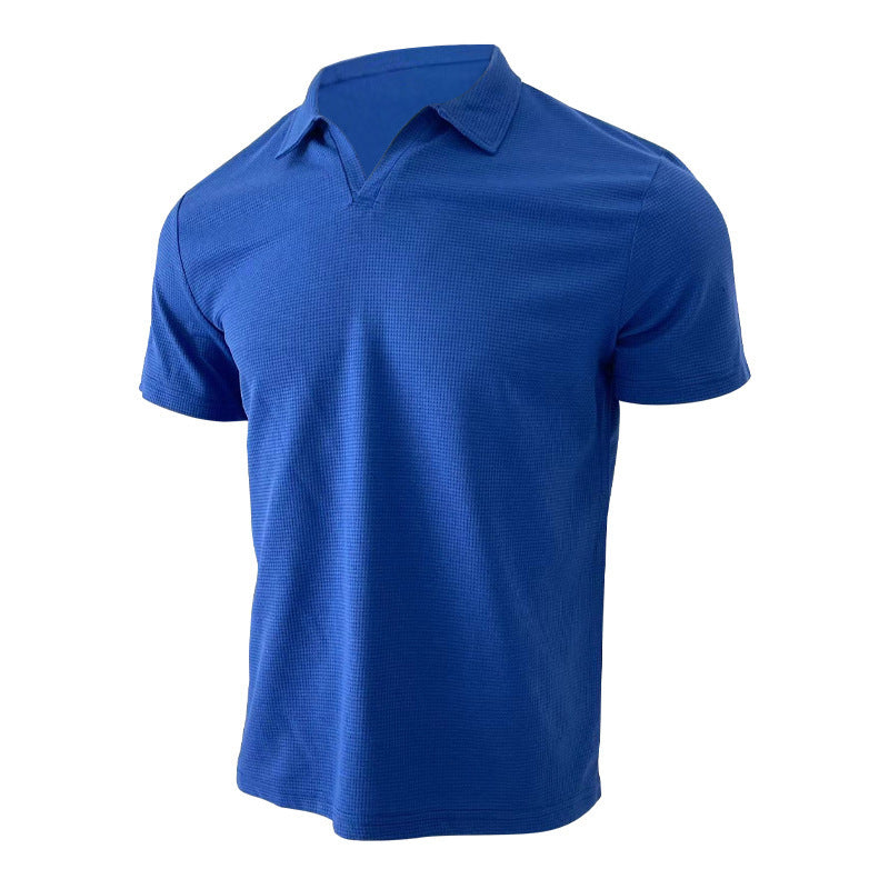 v-neck polo shirt for men in sapphire blue, stylish design, comfortable fit, solid color fabric