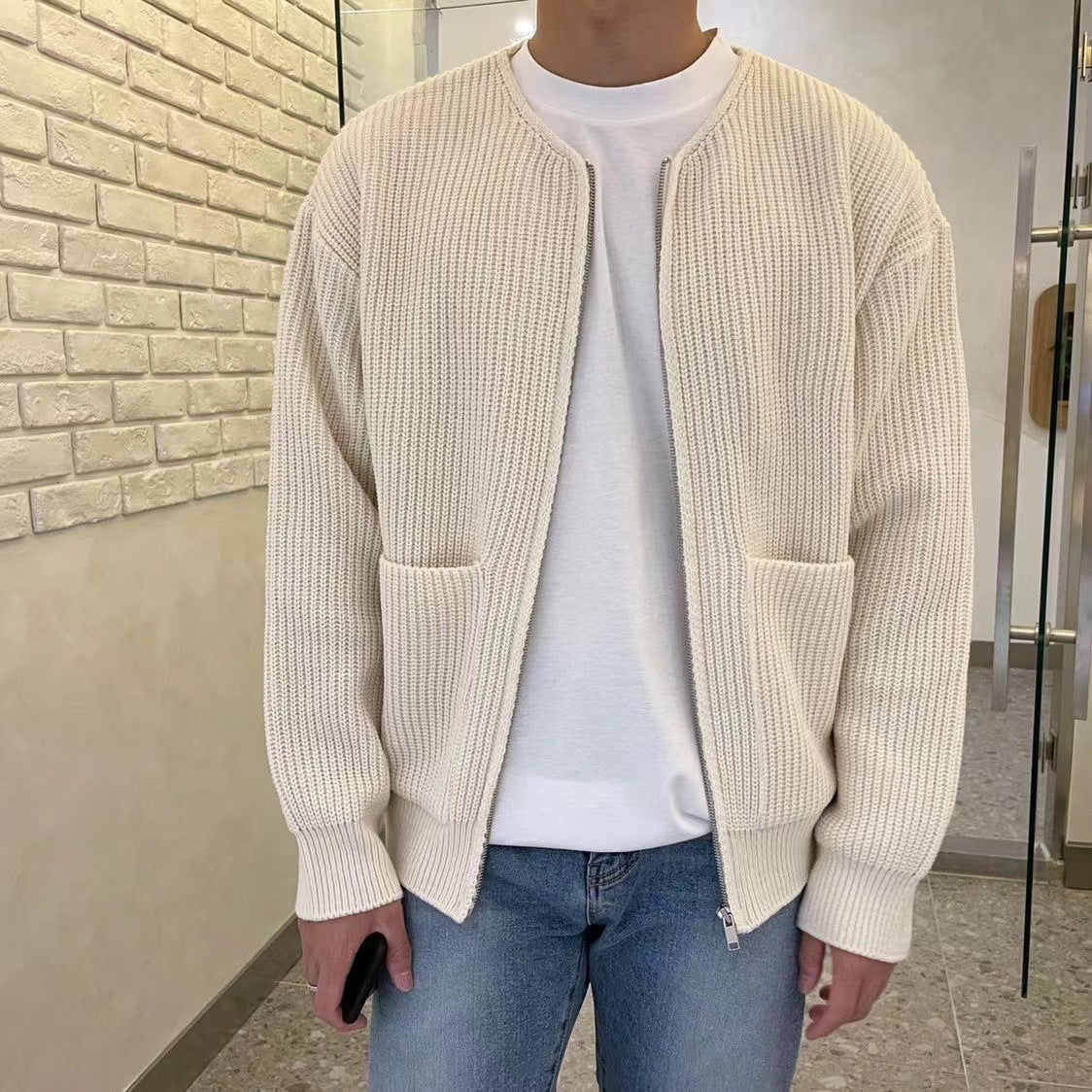 Men Zip Up Knitted Cardigan on model