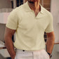 A man wearing a stylish v-neck polo shirt for men in light yellow, showcasing a comfortable fit and unique design.