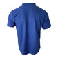Back view of a sapphire blue v-neck polo shirt for men, featuring a slim fit design and thin fabric.