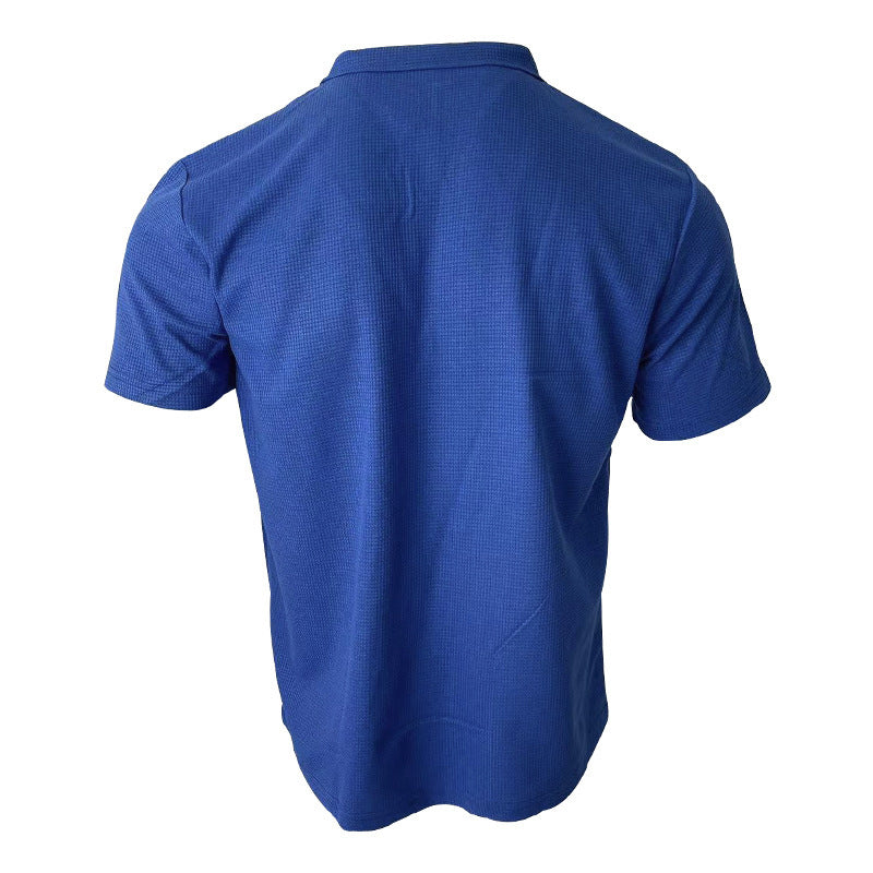 Back view of a sapphire blue v-neck polo shirt for men, featuring a slim fit design and thin fabric.