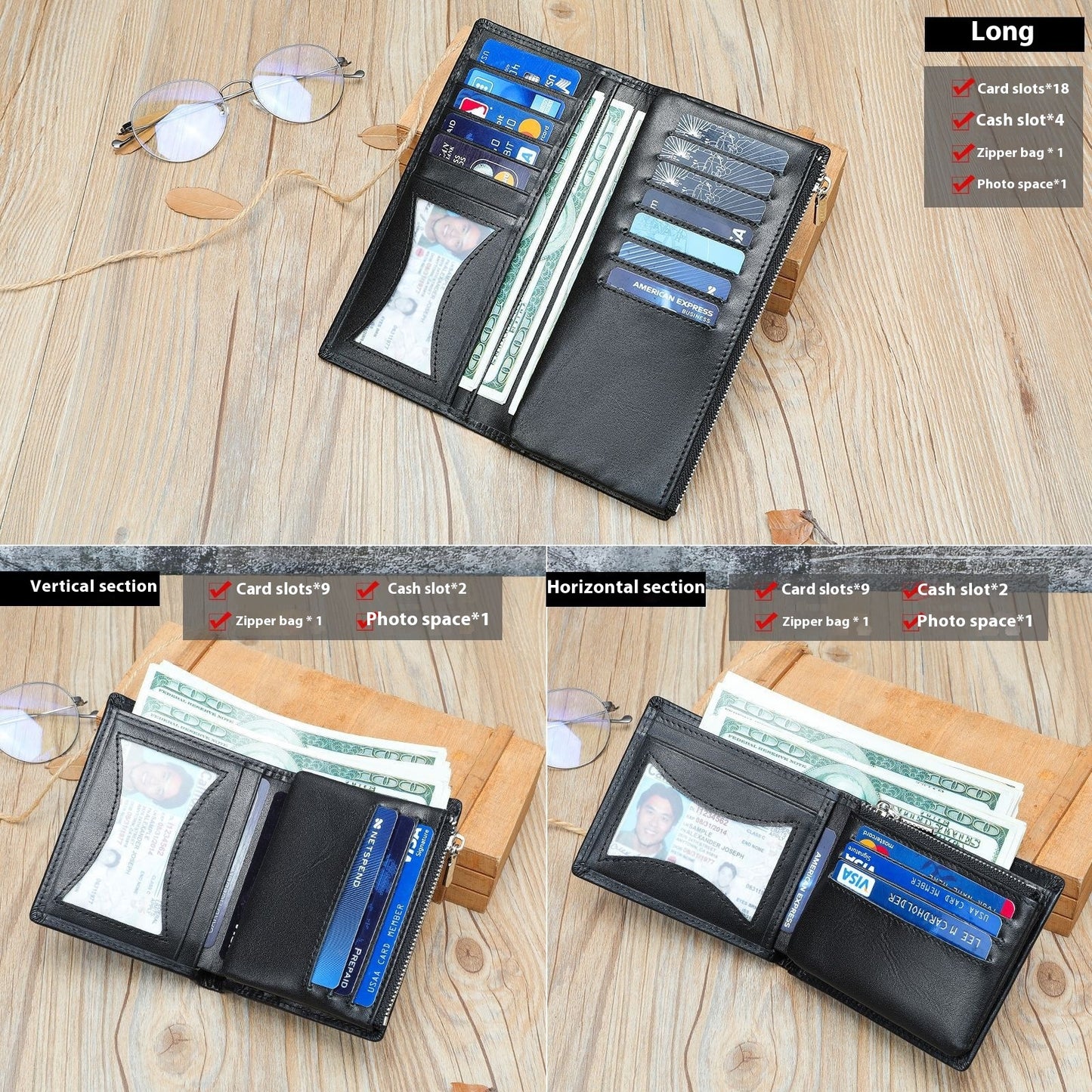 Handmade Cowhide Wallet Men's Top Layer Leather Zipper Anti-theft