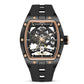 automatic hollow mechanical watch for men showcasing a black dial and intricate movement.