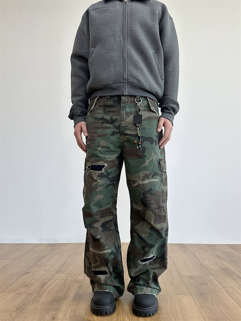 Distressed Military Camouflage Loose Straight Cargo Pants