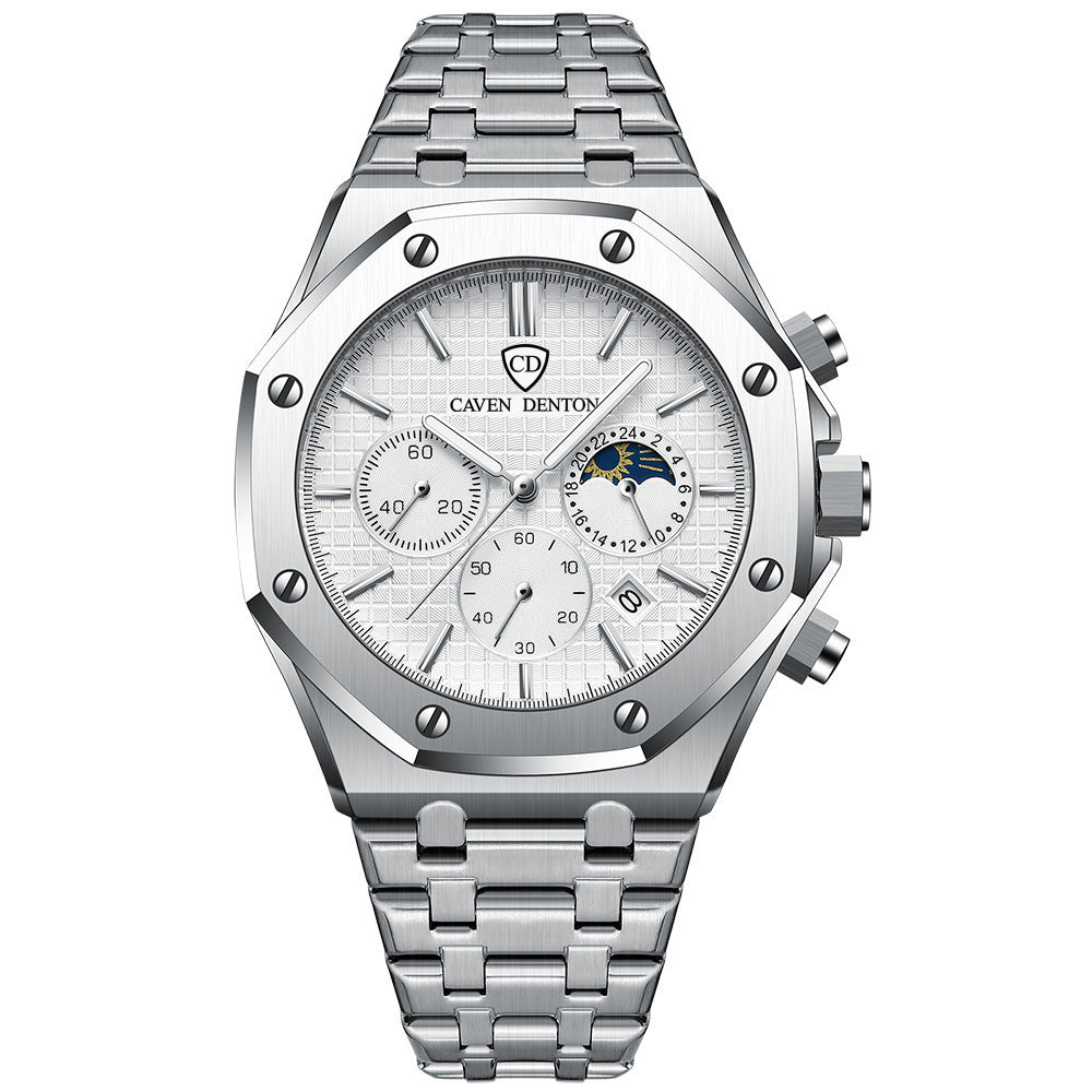 Waterproof High-grade Three Eyes And Six Needles Multi-functional Moon Phase Men's Steel Strap Watch