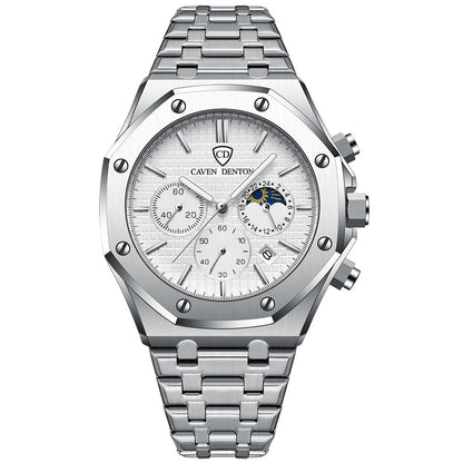 Waterproof High-grade Three Eyes And Six Needles Multi-functional Moon Phase Men's Steel Strap Watch