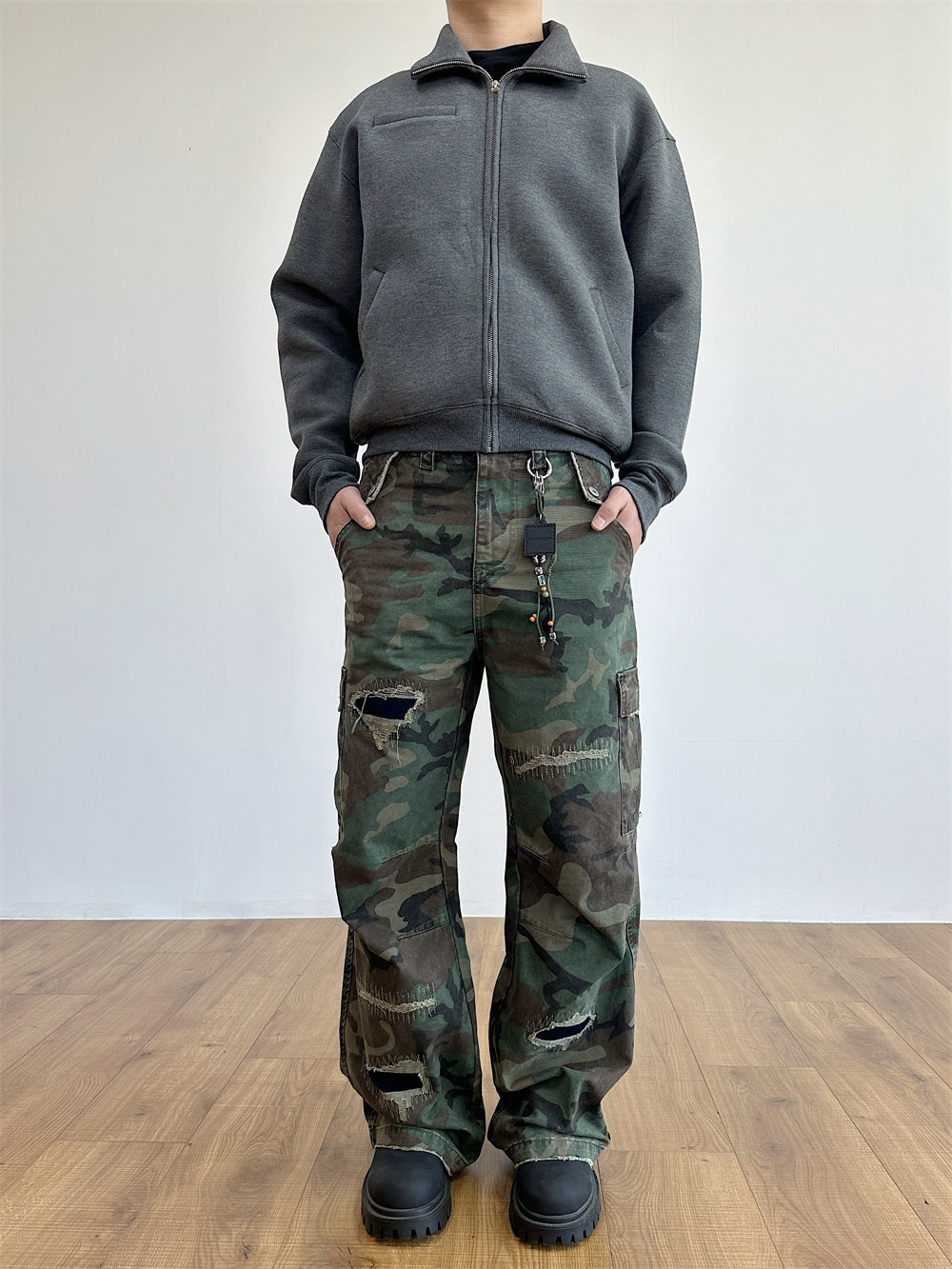 Distressed Military Camouflage Loose Straight Cargo Pants