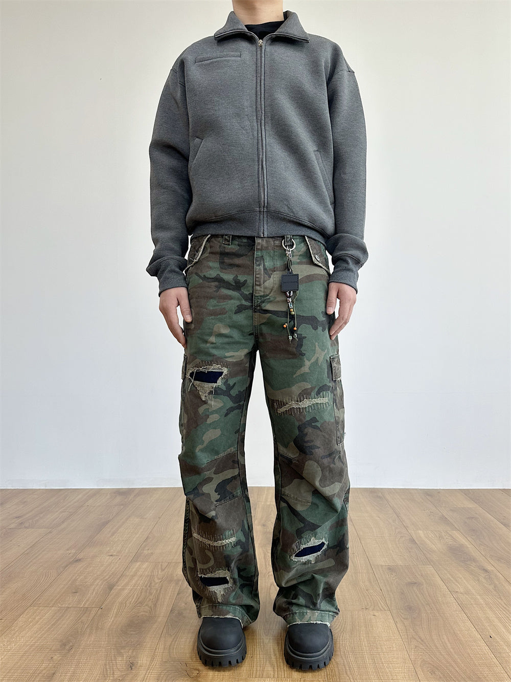 Distressed Military Camouflage Loose Straight Cargo Pants