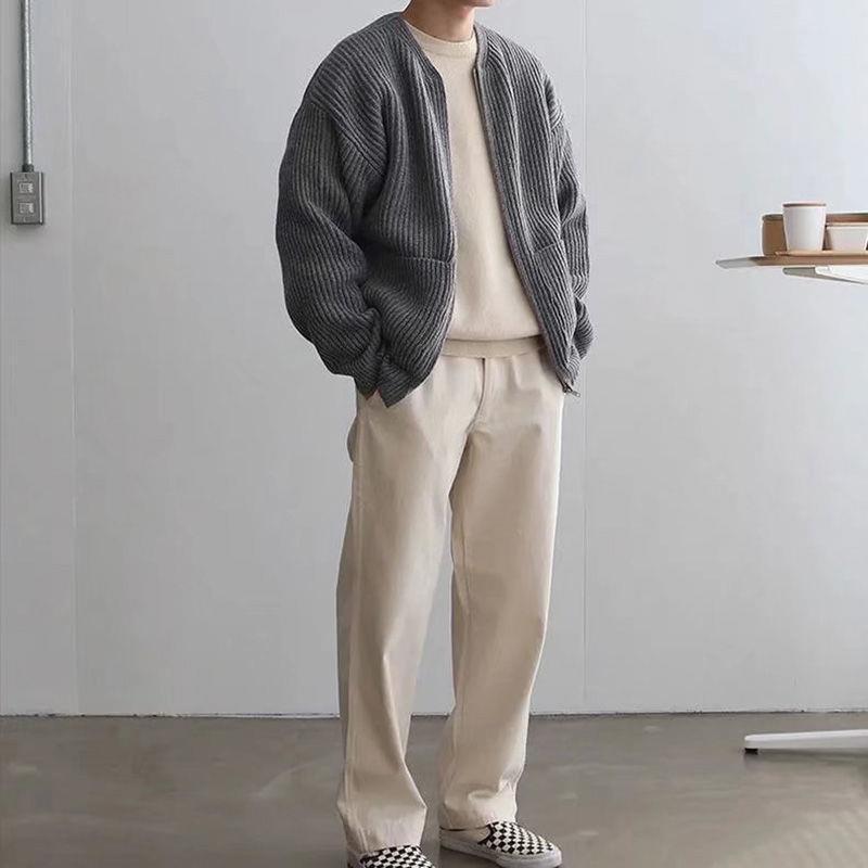 Men Zip Up Knitted Cardigan on model