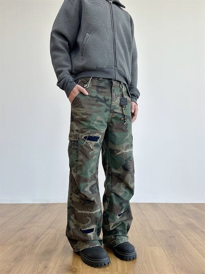 Distressed Military Camouflage Loose Straight Cargo Pants