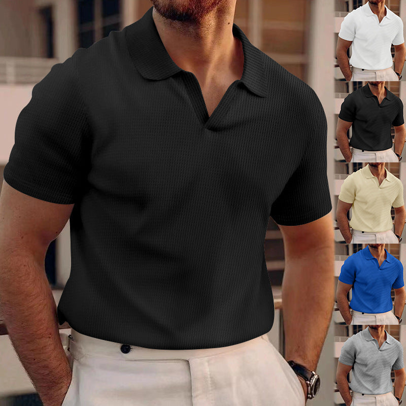 v-neck polo shirt for men in black color, featuring slim fit design and comfortable fabric, available in various colors.