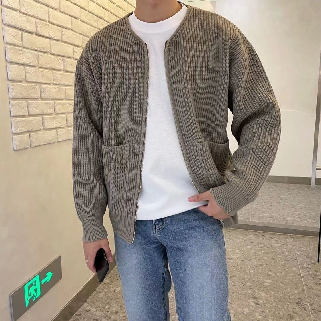 Men Zip Up Knitted Cardigan on model