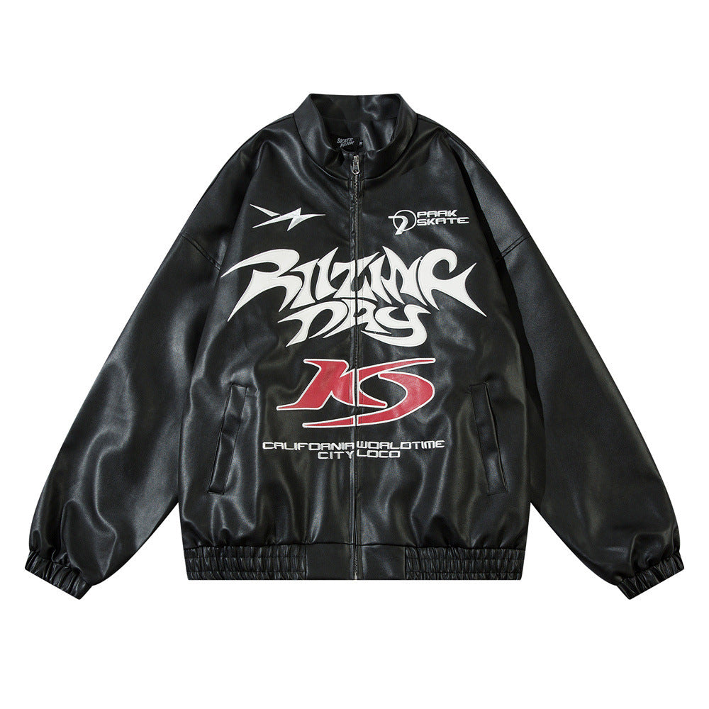 Gothic Letter Embroidered Motorcycle Leather Men's Clothing